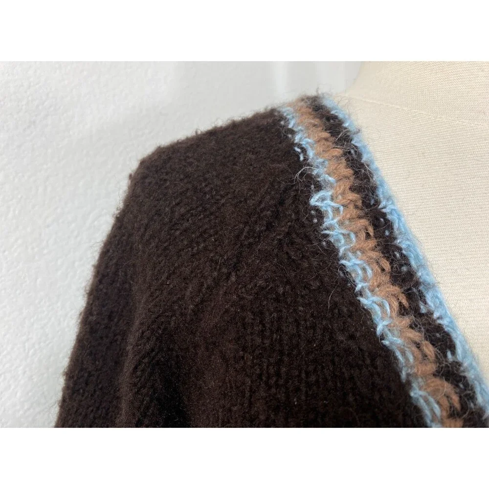 Vintage Hand Knit Brown Wool Open Front Cardigan Mohair Blue Trim Pockets S/M